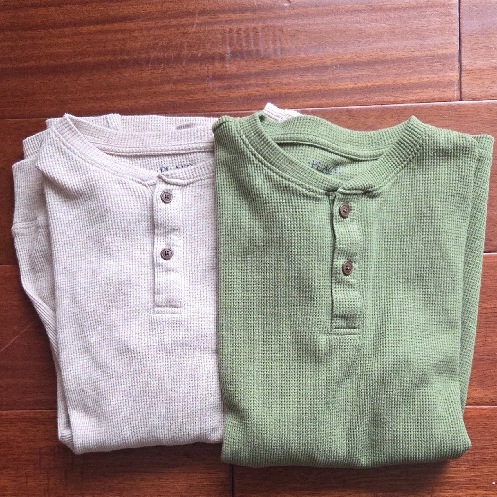 Boys Long Sleeve Henley Shirts - Green and Cream (YXL)